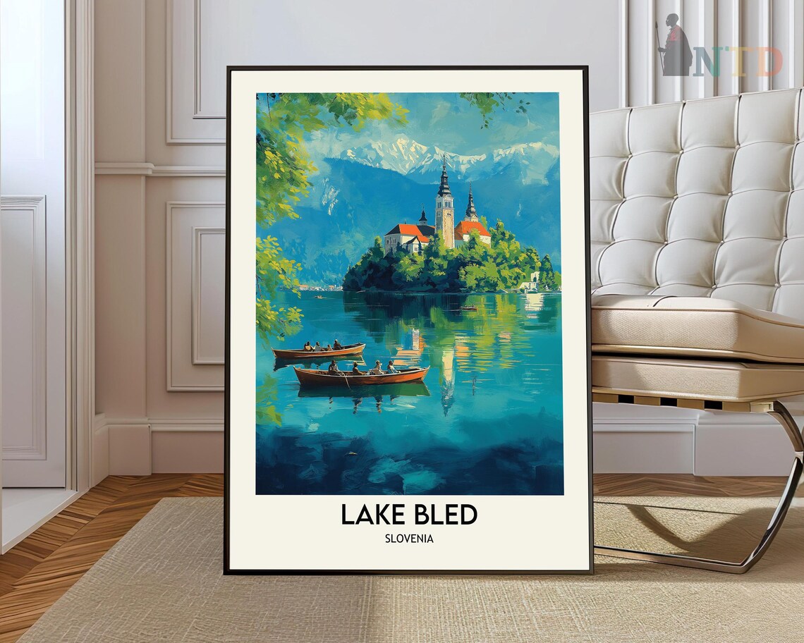 Lake Bled Slovenia Rowboats Island Church Painterly Travel Poster