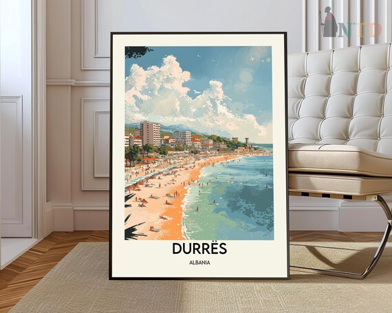 Durres Albania Golden Adriatic Beach Resort Vintage Travel Poster