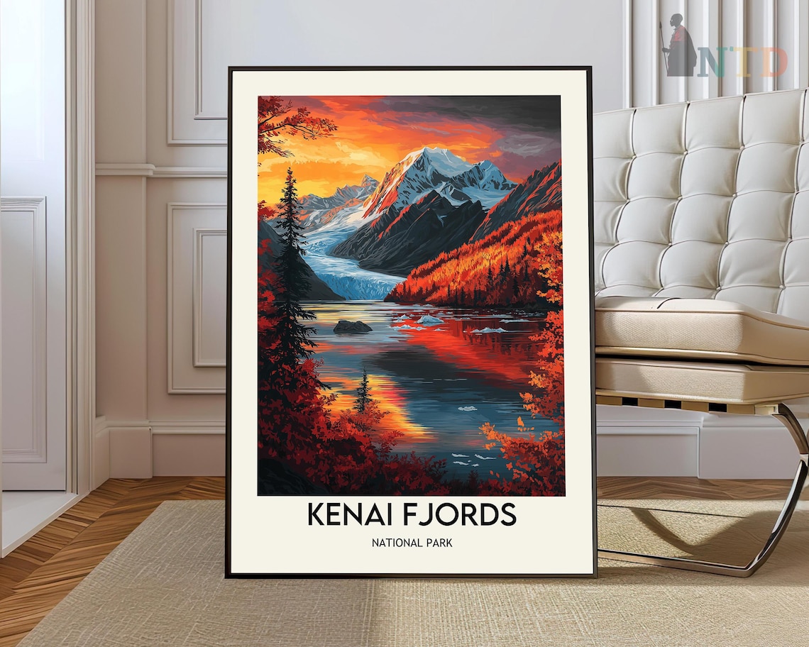 Kenai Fjords National Park Glacier Lake Dawn Orange Sky Travel Poster