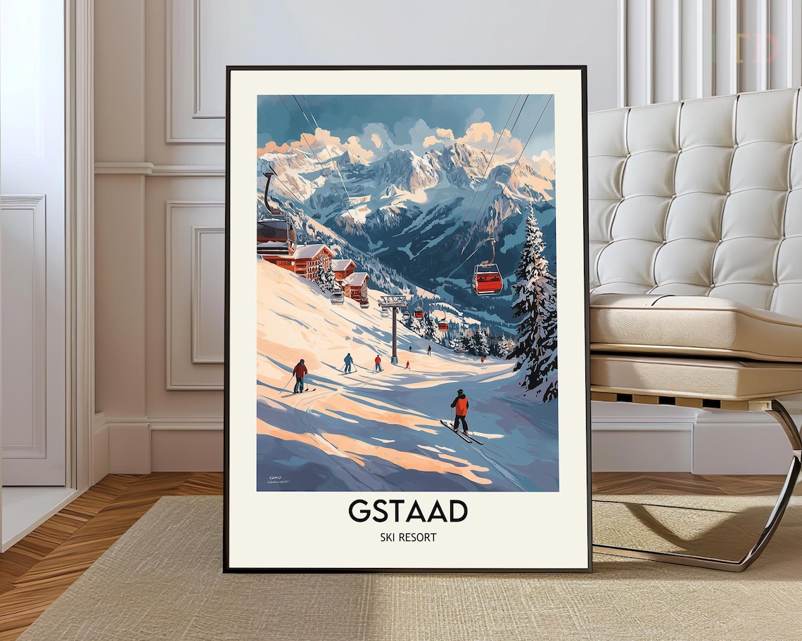 Gstaad Ski Resort Gondola Sunset Alpine Village Poster Scene Art