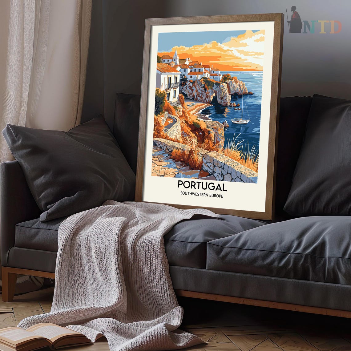 Portugal Cliffside Village Golden Sunset Vintage Travel Poster - Image 3