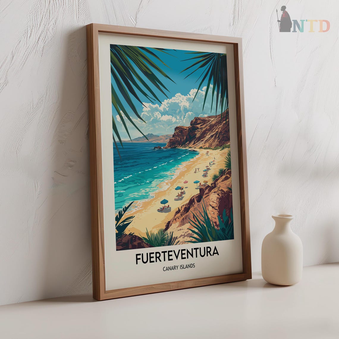 Fuerteventura Sandy Beach with Palm Fronds and Turquoise Water Poster - Image 2
