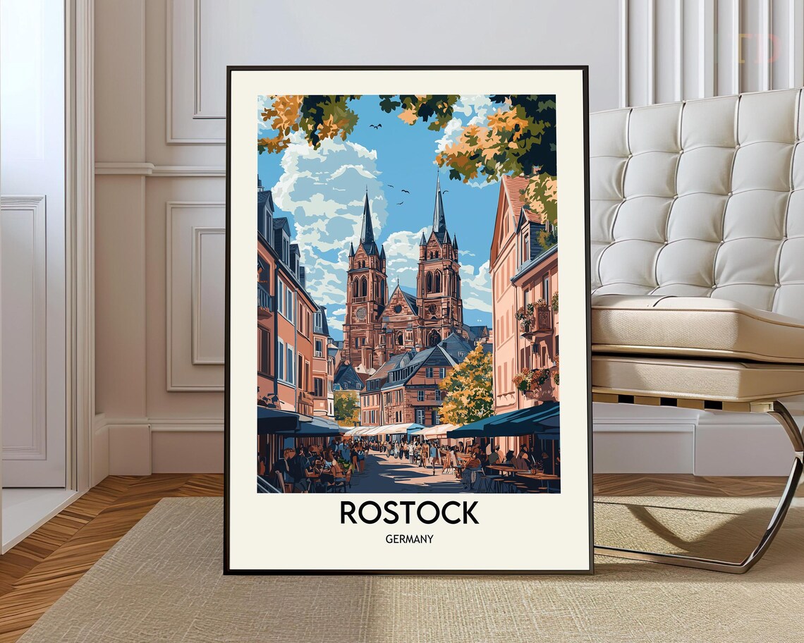 Rostock Germany Vintage Travel Poster Historic Church Square Street Scene