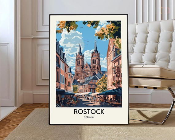 Rostock Germany Vintage Travel Poster Historic Church Square Street Scene