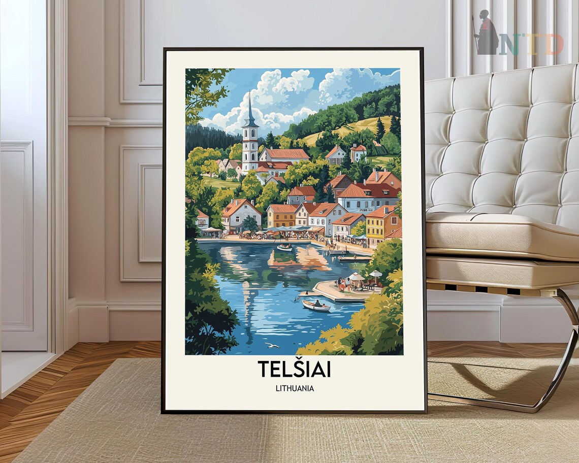 Telsiai Lithuania Lakeside Old Town Church Spire Travel Poster