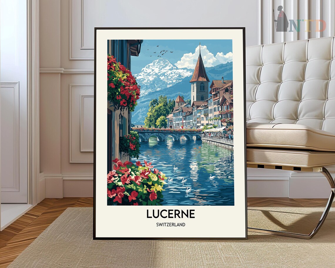 Lucerne Switzerland Riverside Church Flowers Lake View Travel Poster