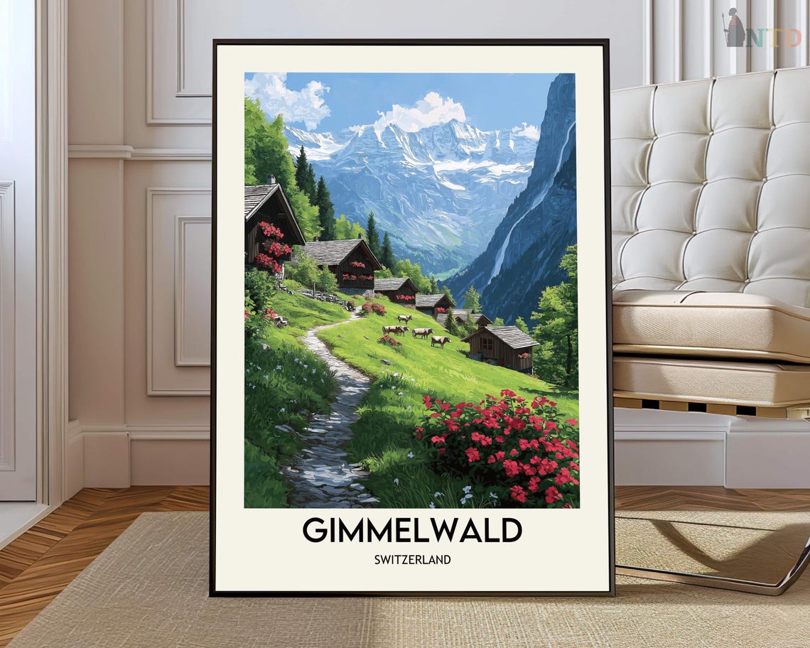 Gimmelwald Switzerland Alpine Chalets Cows Vintage Travel Poster