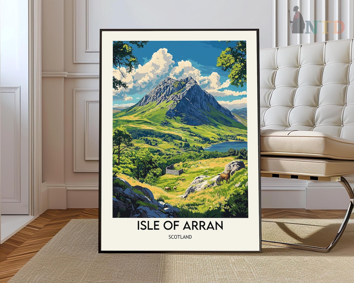 Isle of Arran Scotland Travel Poster with Green Mountain Valley Art