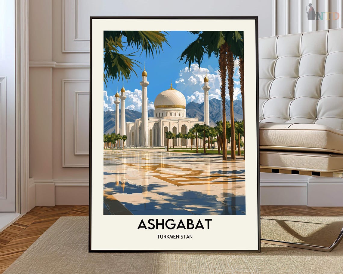 Ashgabat Turkmenistan White Marble Mosque Palm Plaza Travel Poster