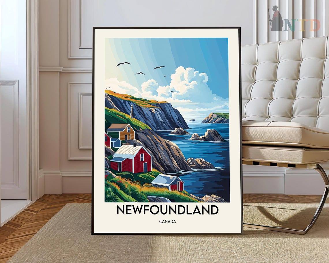 Newfoundland Cliffs Fishing Houses Coastal Travel Poster Canada