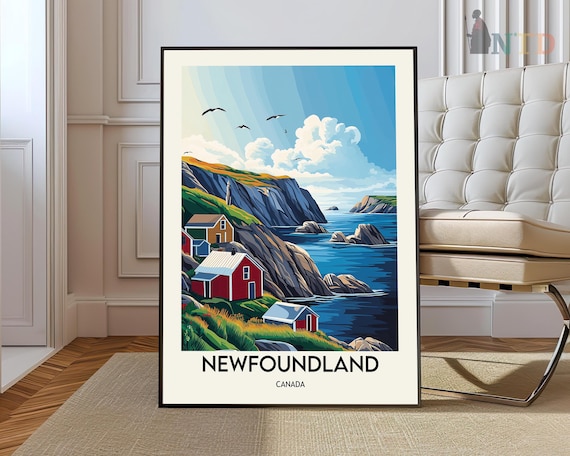 Newfoundland Cliffs Fishing Houses Coastal Travel Poster Canada