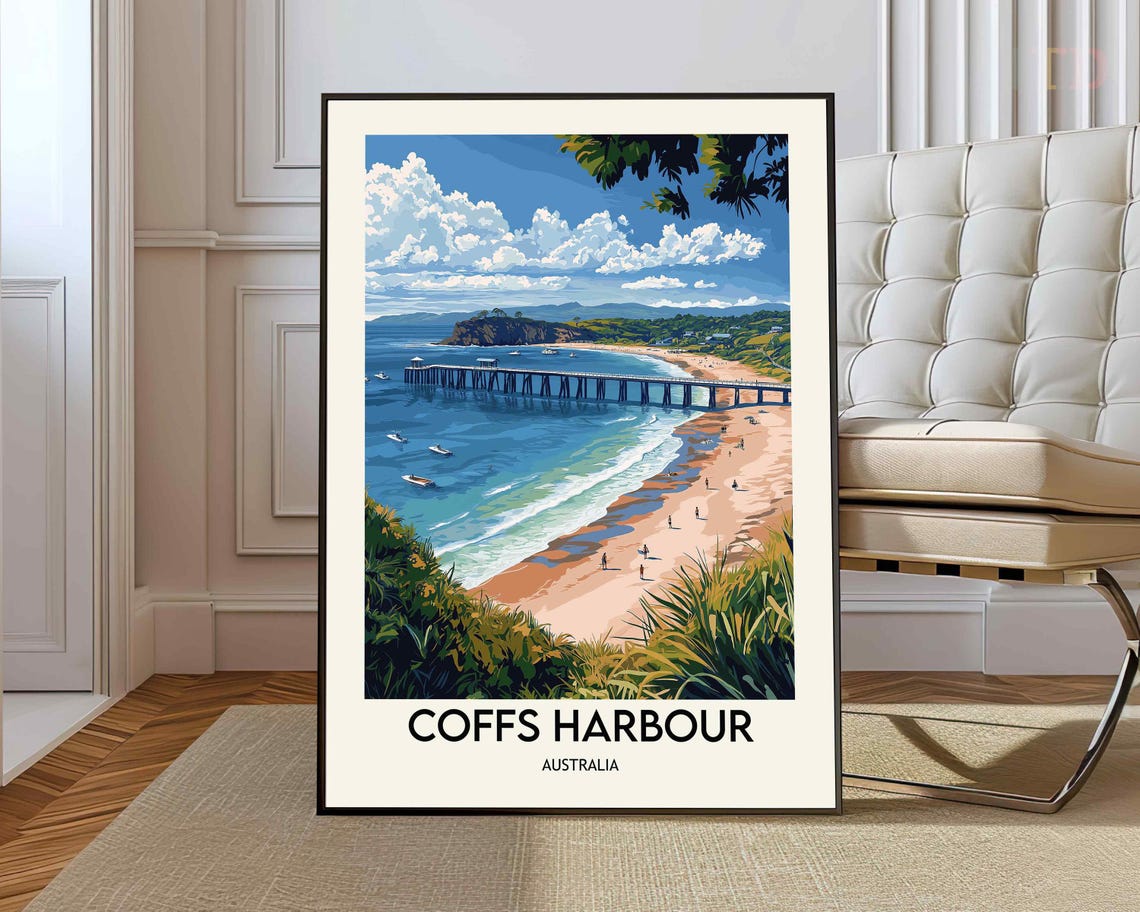 Coffs Harbour Australia Retro Jetty Over Blue Bay Travel Poster