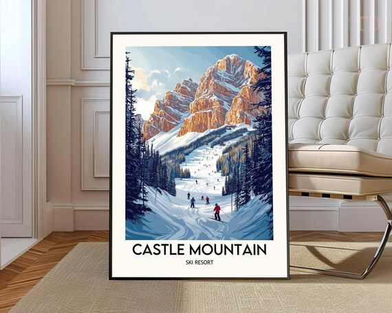 Castle Mountain Ski Resort Towering Rock Peaks Vintage Poster