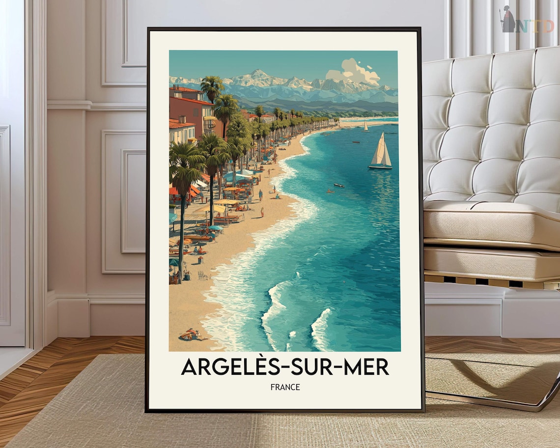 Argeles Sur Mer France Palm Beachfront Town Vintage Travel Poster