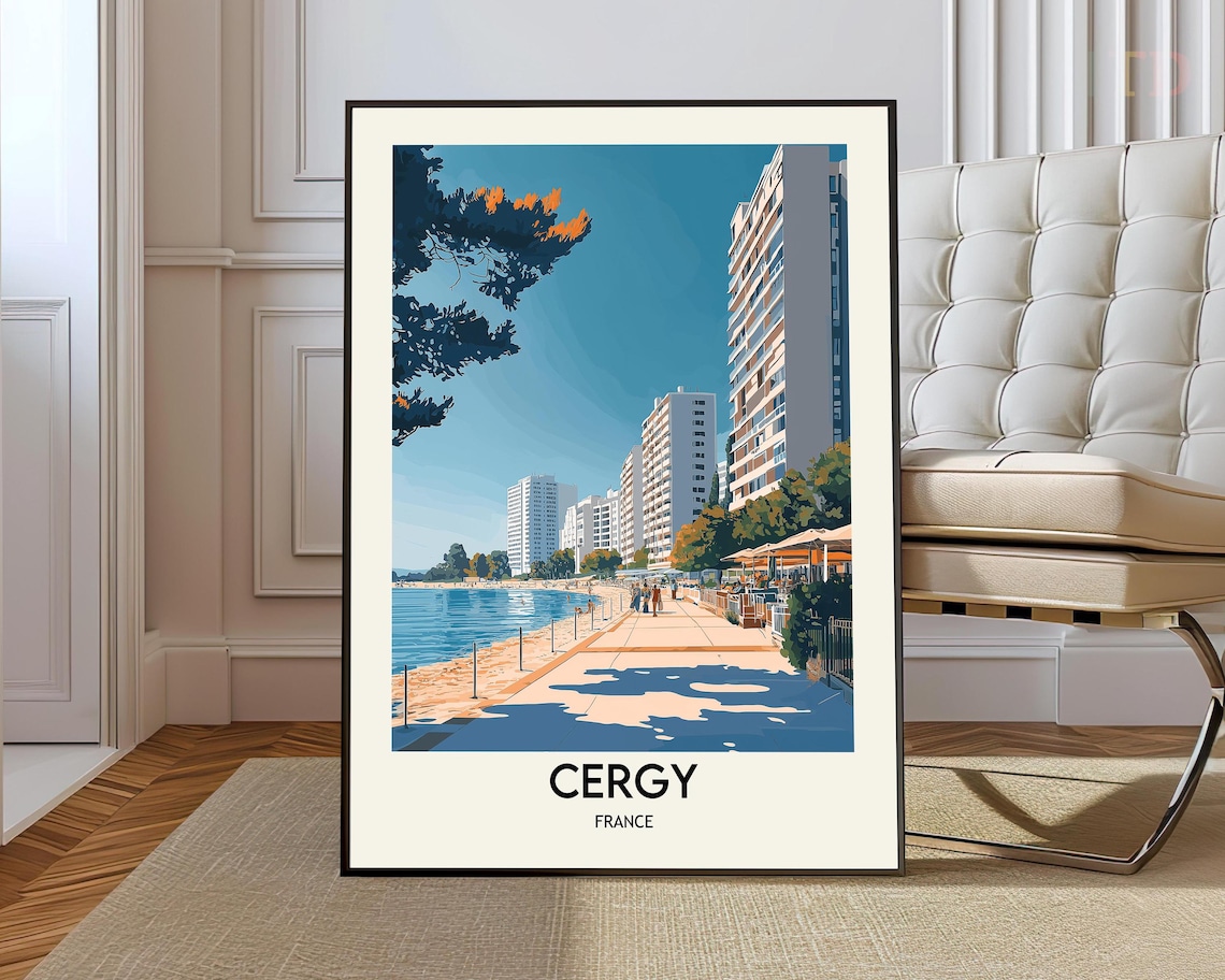 Cergy France Sunny Waterfront Promenade Modern Towers Poster