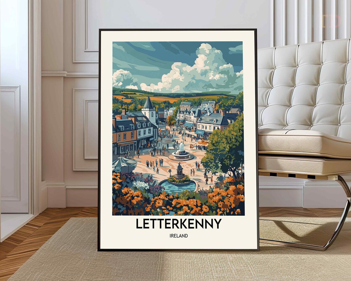 Letterkenny Ireland Town Square Fountain Vintage Travel Poster