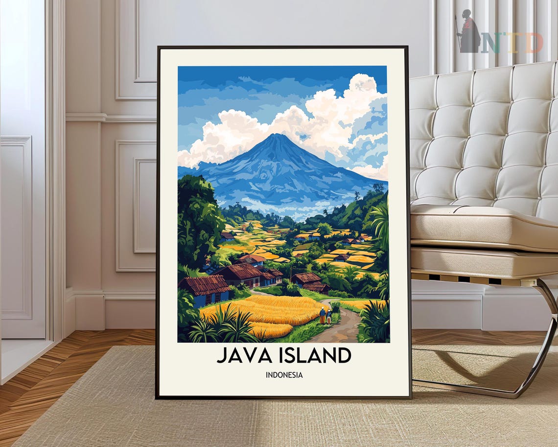 Java Island Indonesia Travel Poster Volcano Rice Terraces Art