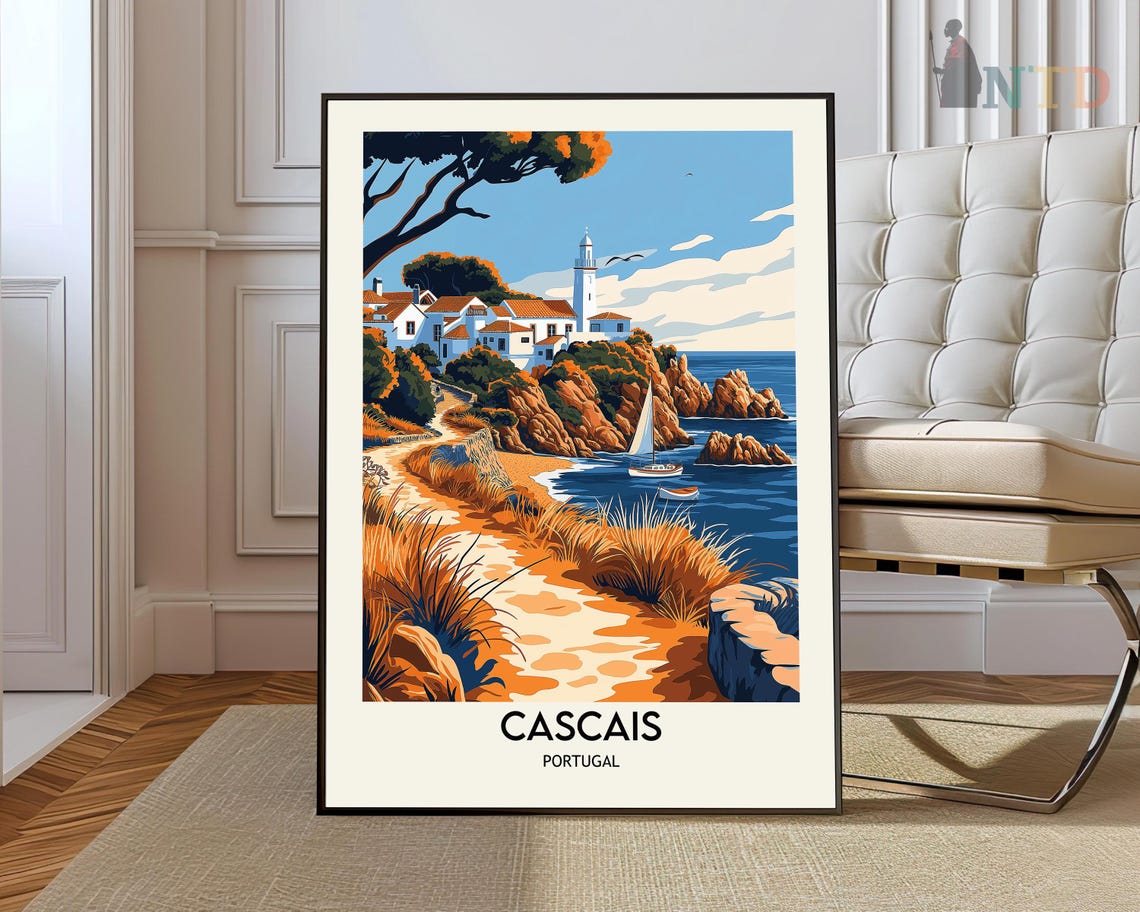 Cascais Lighthouse Cliff Coast Seagull Vintage Travel Poster