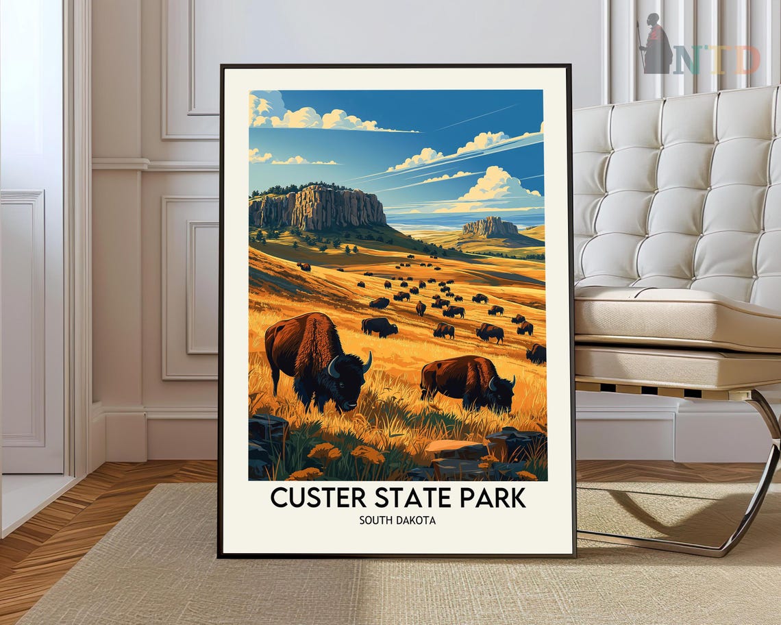 Custer State Park Bison Herd Prairie Sunset Vintage Travel Poster
