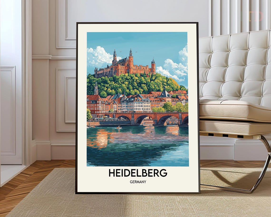 Heidelberg Germany Travel Poster Castle and Neckar River Old Bridge