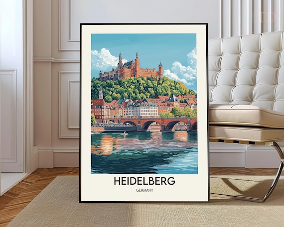 Heidelberg Germany Travel Poster Castle and Neckar River Old Bridge