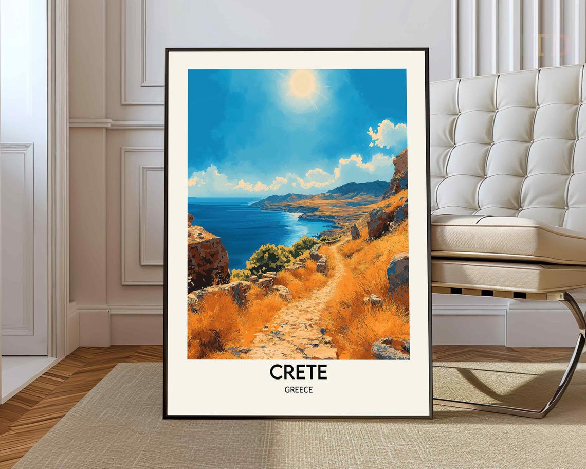 Crete Greece Coastal Path Orange Cliffs Mediterranean Travel Poster