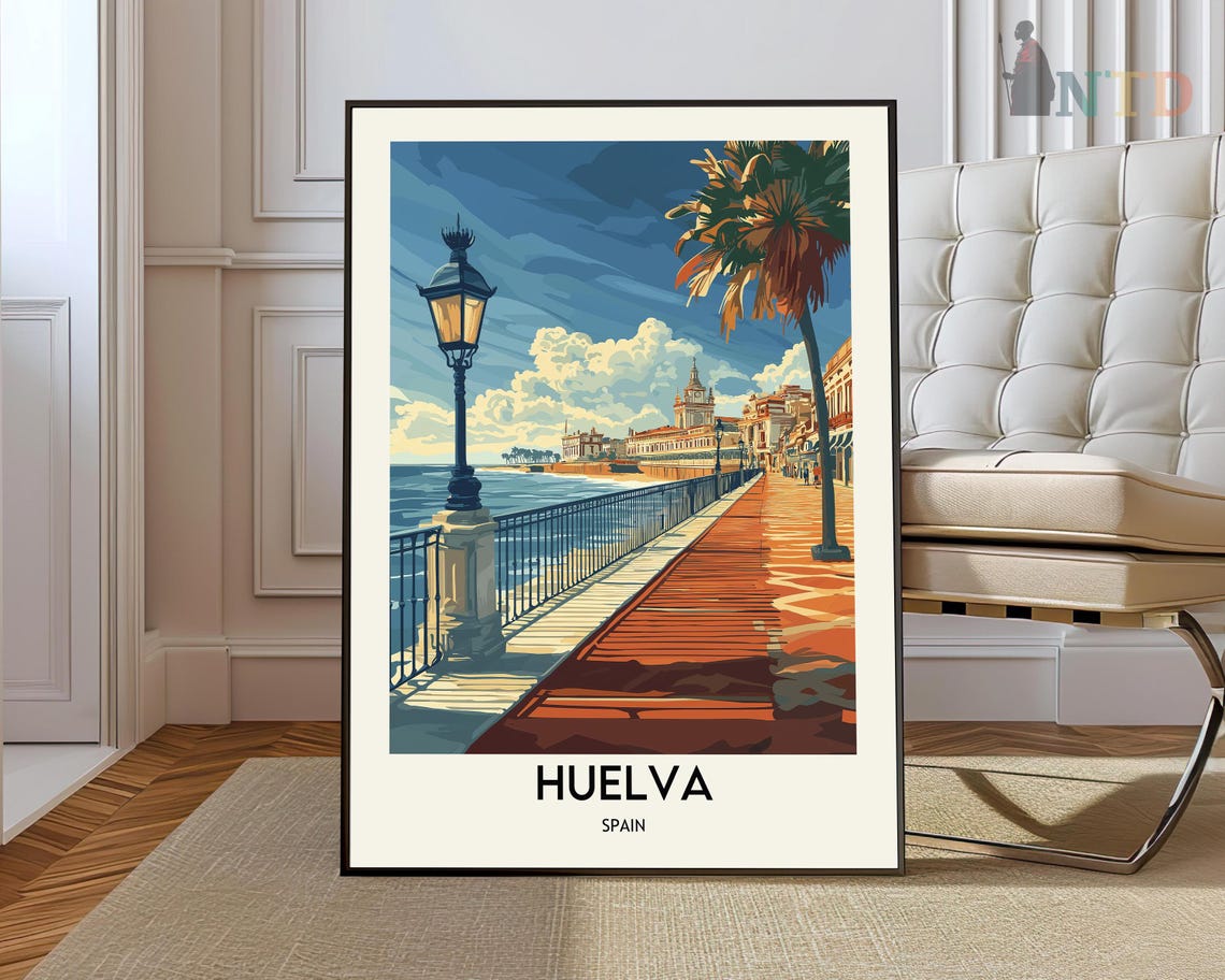 Huelva Spain Waterfront Promenade Sunset Vintage Travel Poster