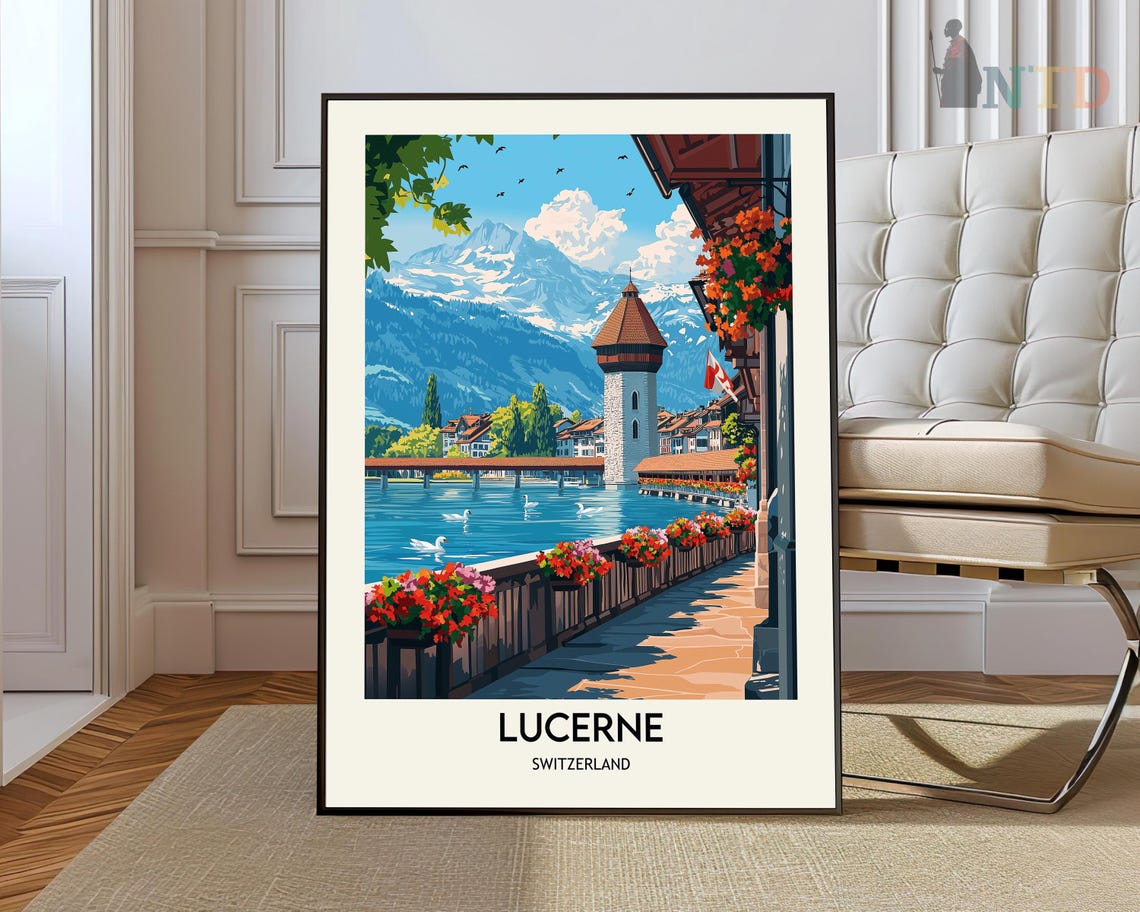 Lucerne Switzerland Chapel Bridge Lake Alpine View Travel Poster
