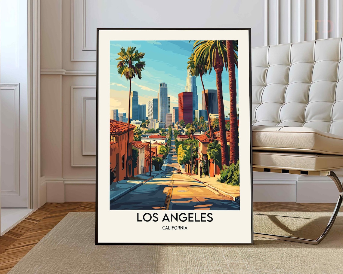 Los Angeles California Street Palm Trees Downtown Skyline Travel Poster