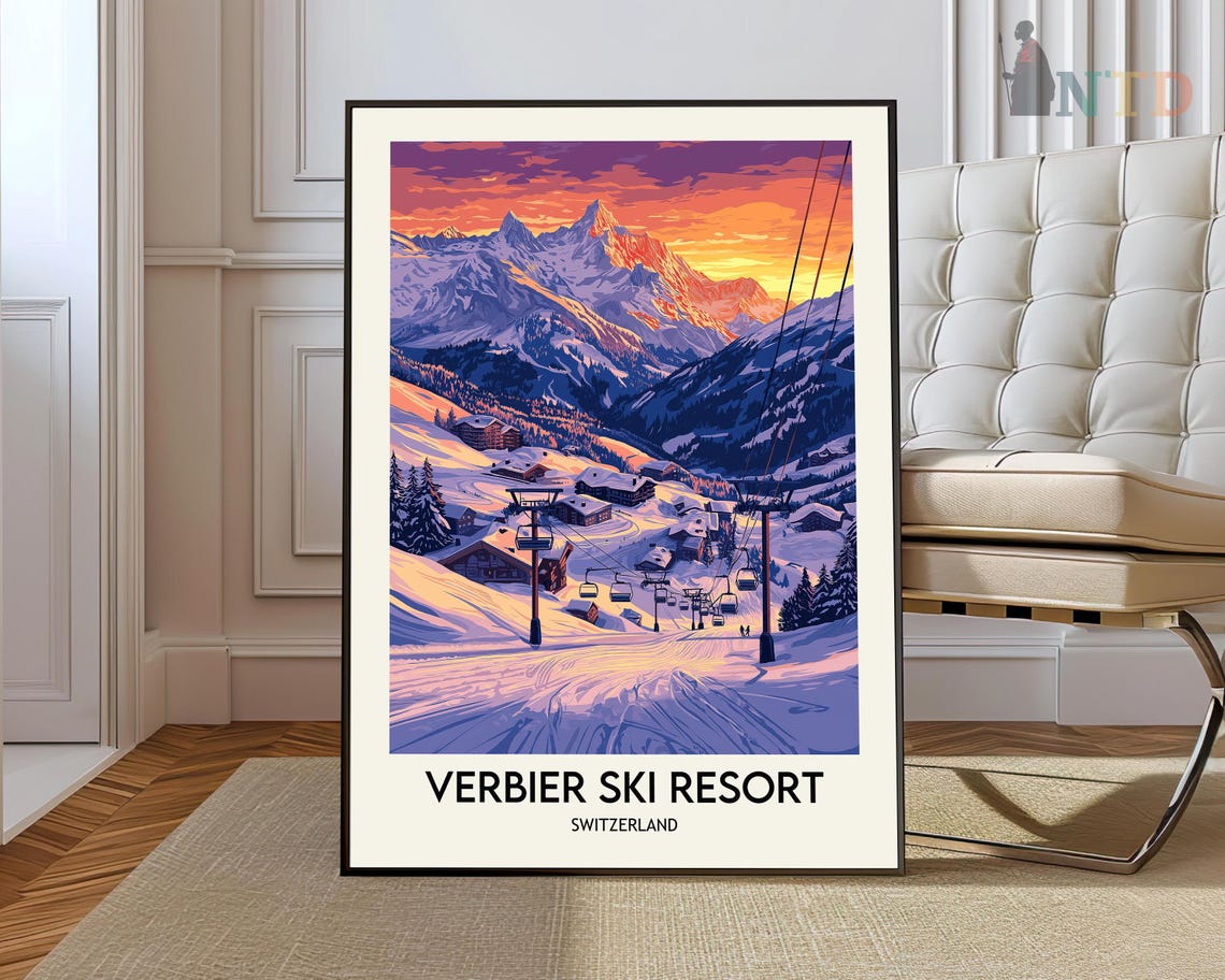 Verbier Ski Resort Alpine Sunset with Ski Lifts Travel Poster