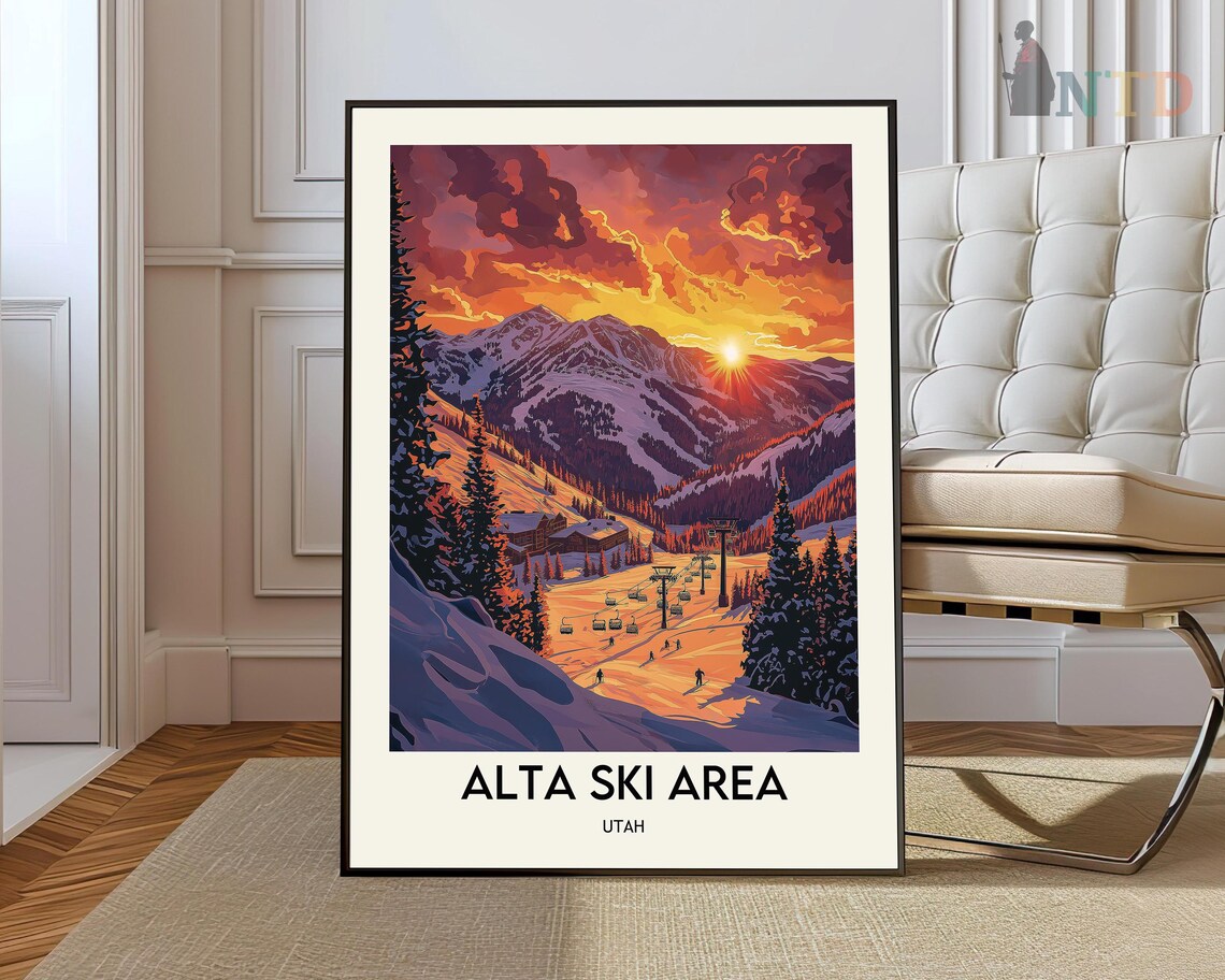 Alta Ski Area Utah Sunset Mountain Slopes Vintage Travel Poster