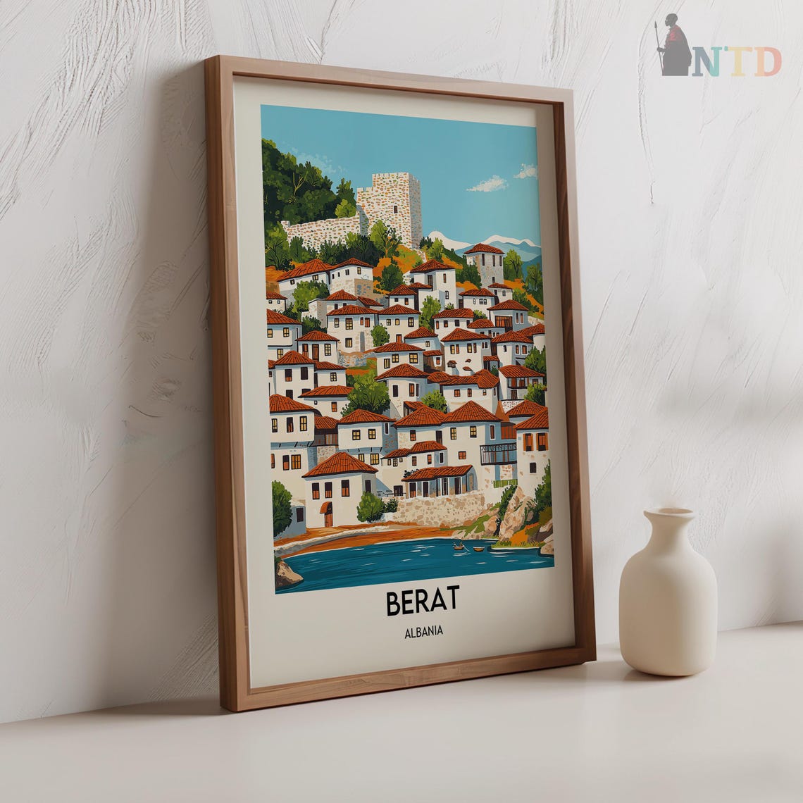 Berat Albania Ottoman White Houses Castle Hill Vintage Travel Poster - Image 2