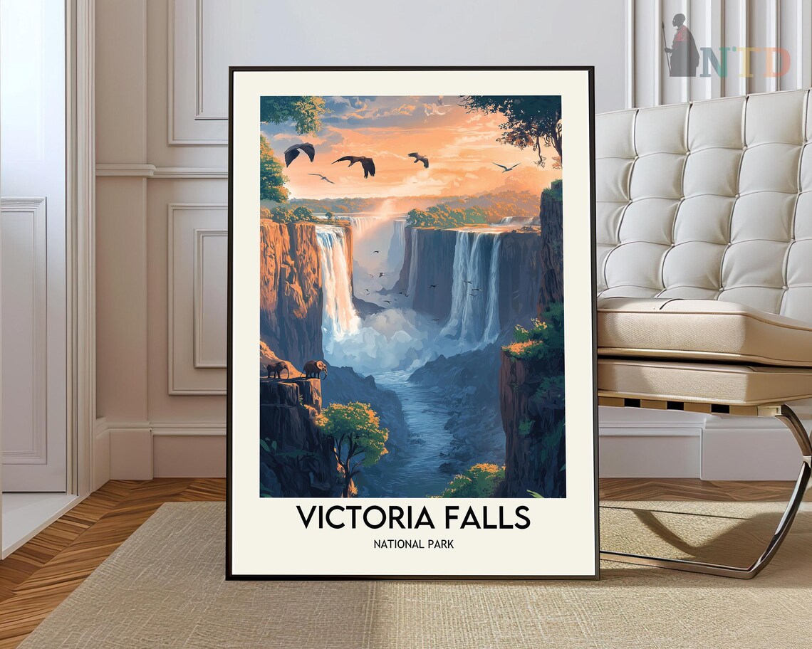 Victoria Falls National Park Sunset Gorge Illustration Travel Poster