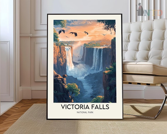 Victoria Falls National Park Sunset Gorge Illustration Travel Poster