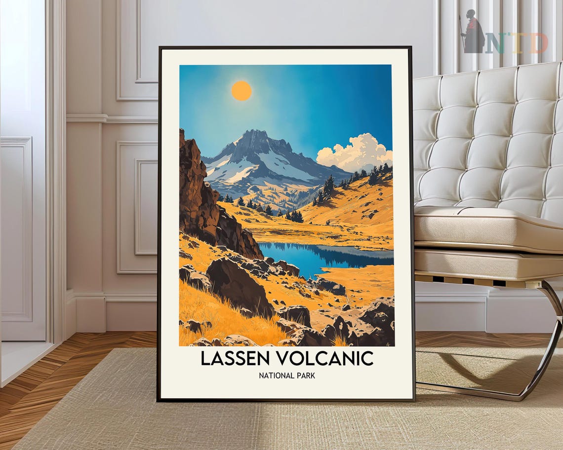 Lassen Volcanic National Park Poster Vintage Peak Lake Meadow Art