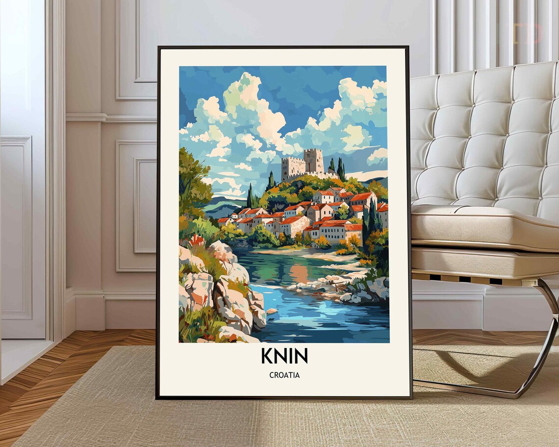 Knin Fortress Riverside Old Town Croatia Vintage Travel Poster