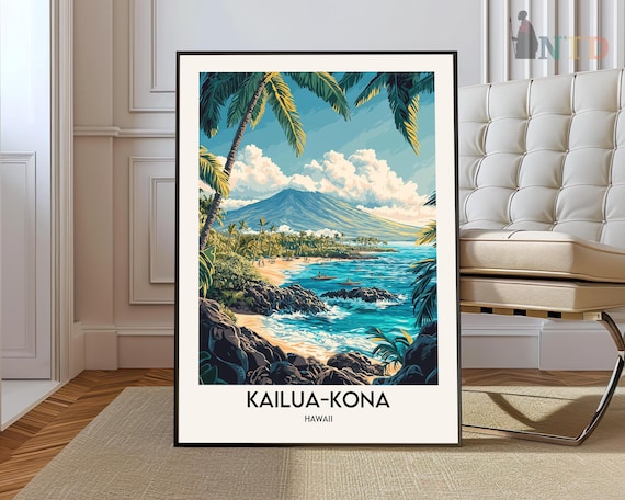Kailua Kona Hawaii Tropical Cove Palm Trees Retro Travel Poster