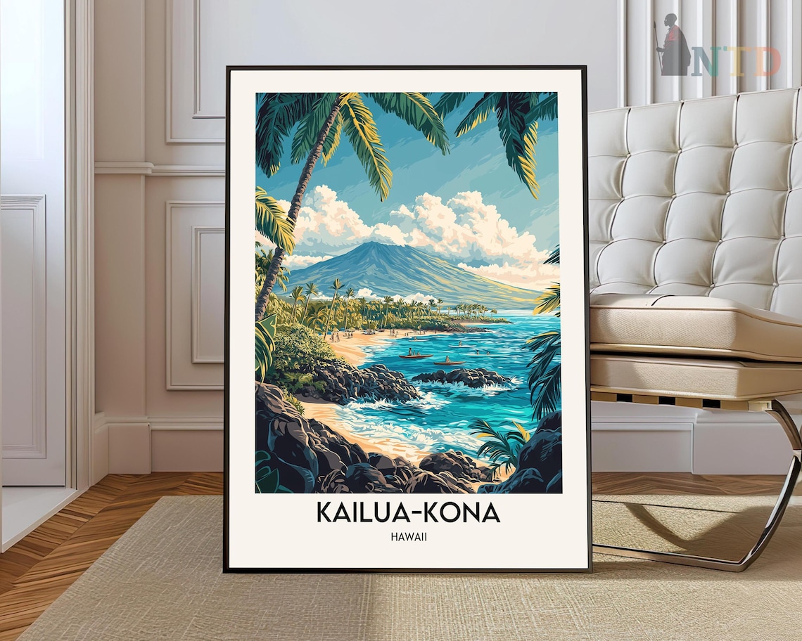 Kailua Kona Hawaii Tropical Cove Palm Trees Retro Travel Poster