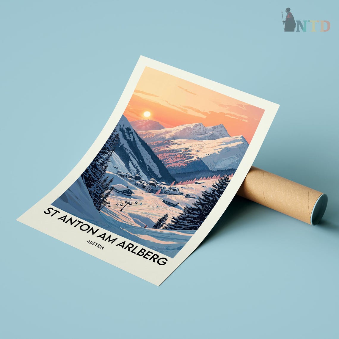 St Anton am Arlberg Orange Sunrise Over Ski Slopes Travel Poster - Image 3