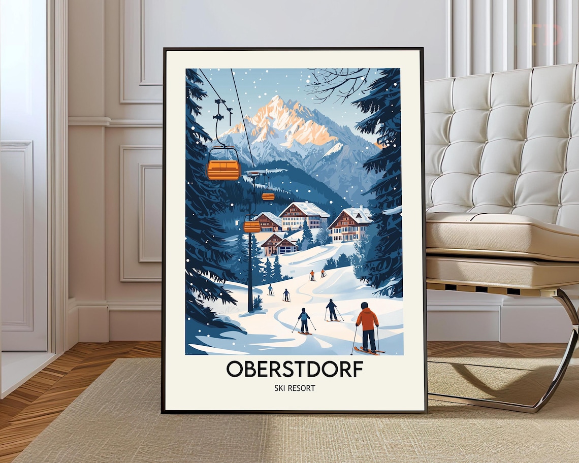 Oberstdorf Ski Resort Travel Poster Bavarian Alps Gondola Winter Snow Art