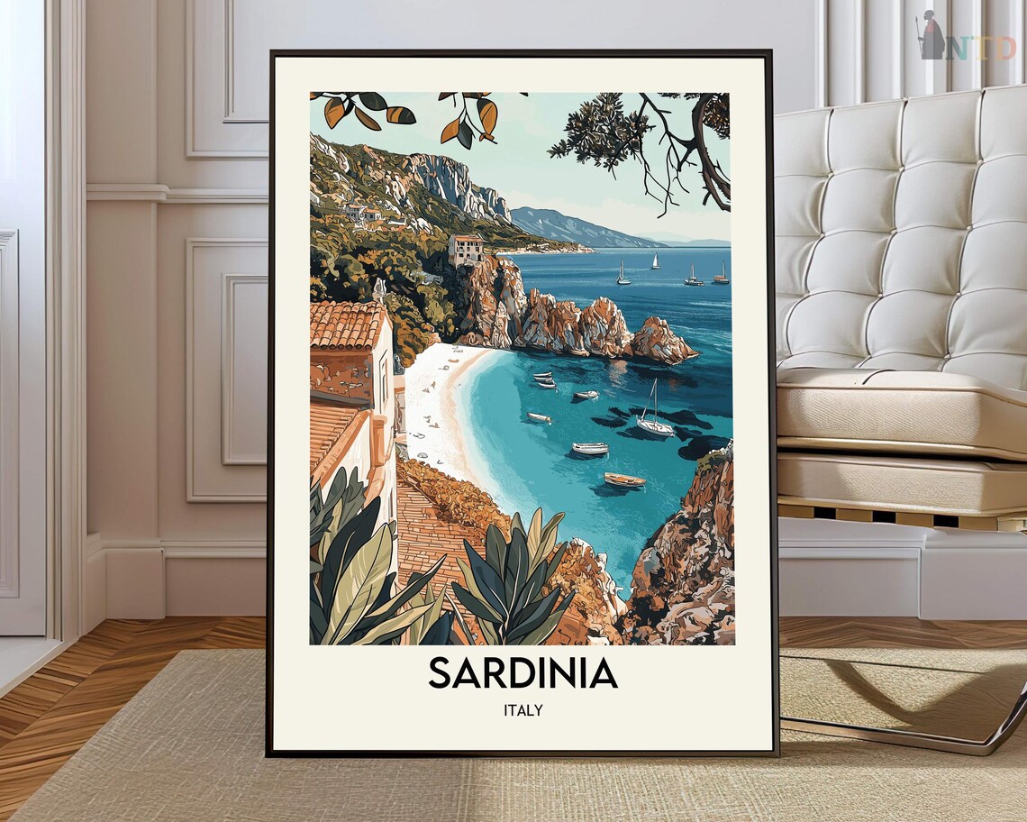 Sardinia Italy Turquoise Cove Coastal Village Scene Travel Poster
