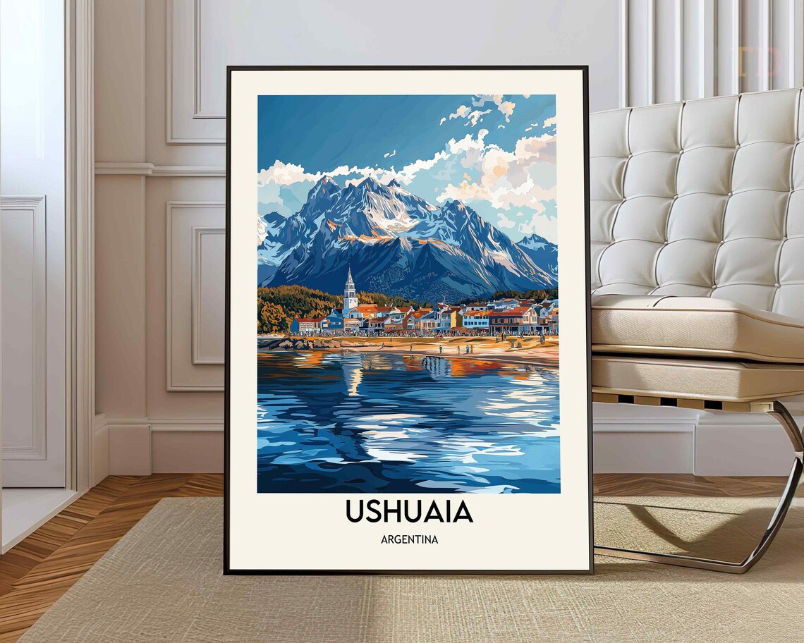 Ushuaia Argentina Waterfront Mountain Vintage Style Travel Poster