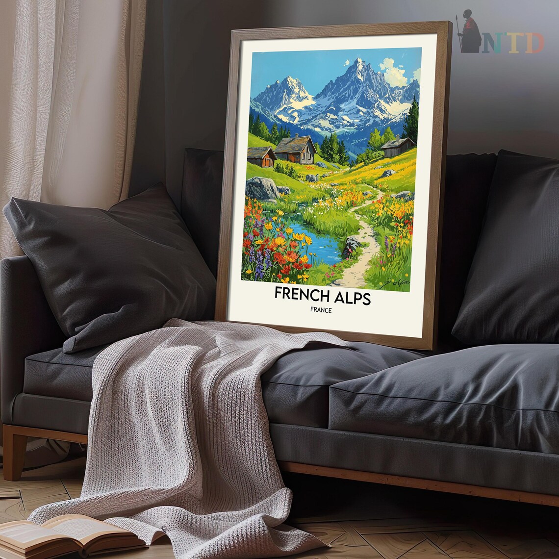French Alps Snowy Peak Wildflower Meadow Vintage Travel Poster - Image 3