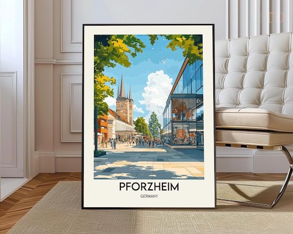 Pforzheim Germany Market Square Church Vintage Style Travel Poster