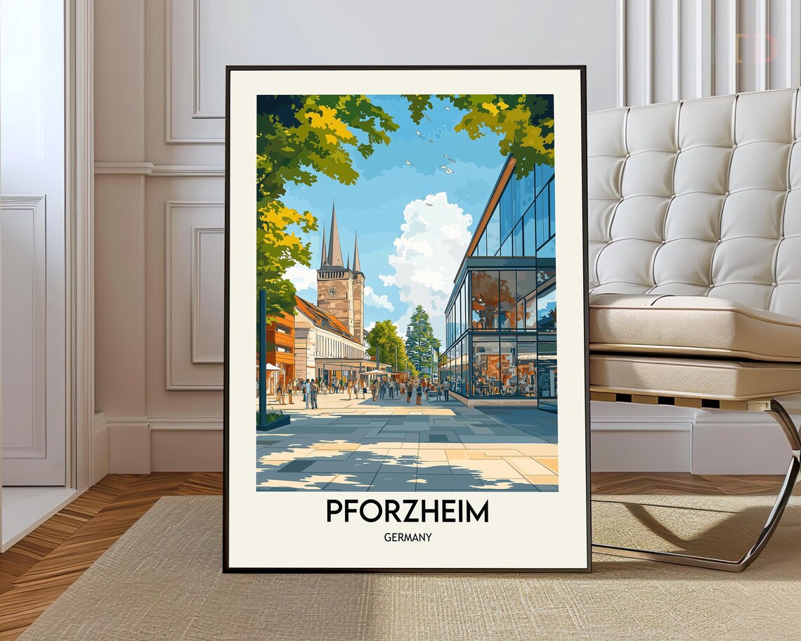 Pforzheim Germany Market Square Church Vintage Style Travel Poster