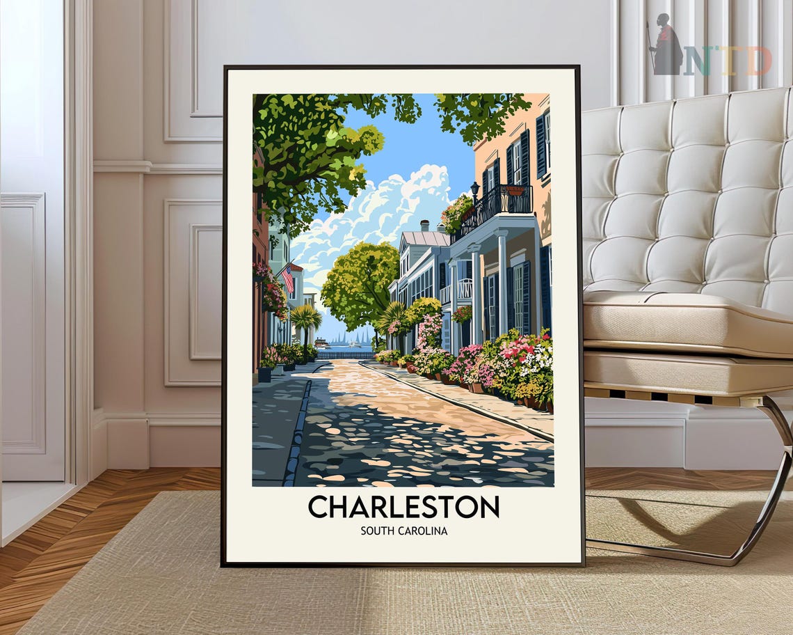 Charleston South Carolina Cobblestone Street Homes Travel Poster