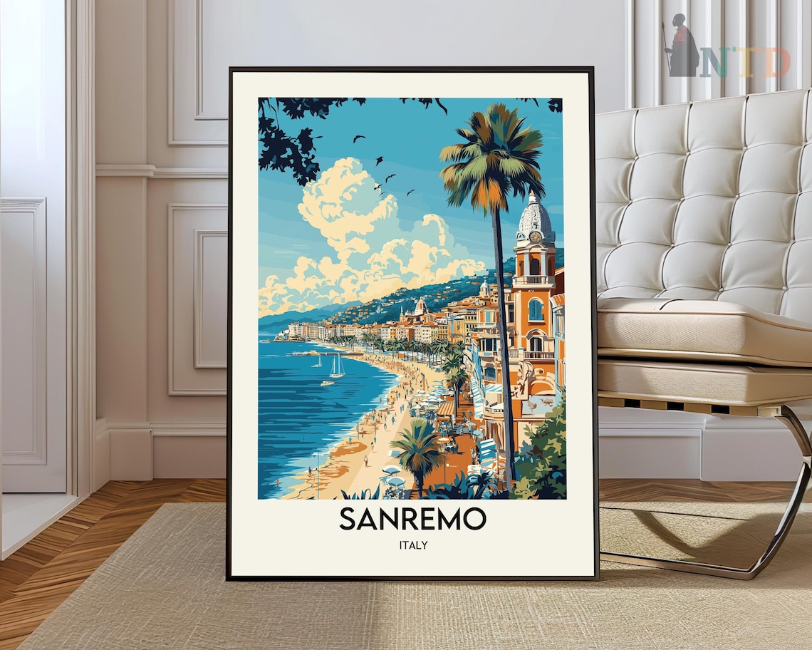 Sanremo Italy Retro Riviera Seafront Promenade Travel Poster