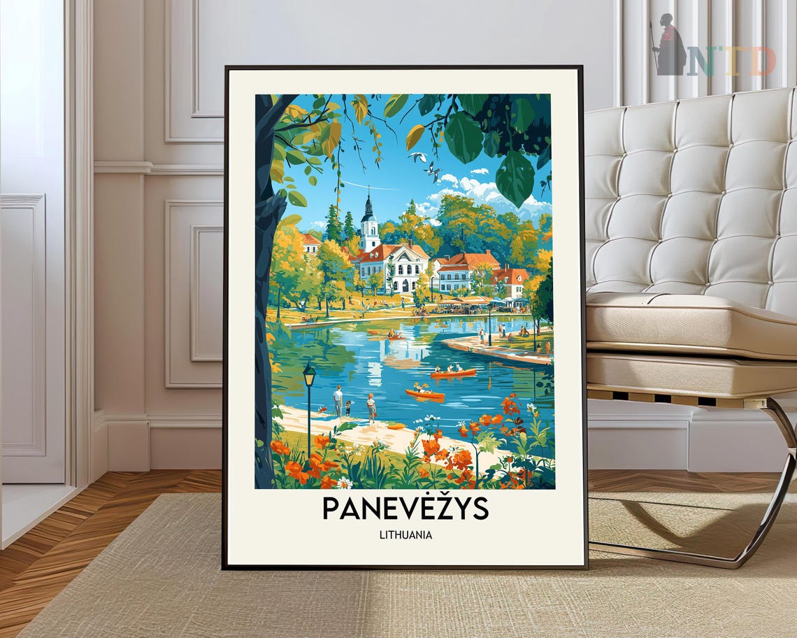 Panevezys Lithuania Riverside Park Pond Canoes Summer Travel Poster