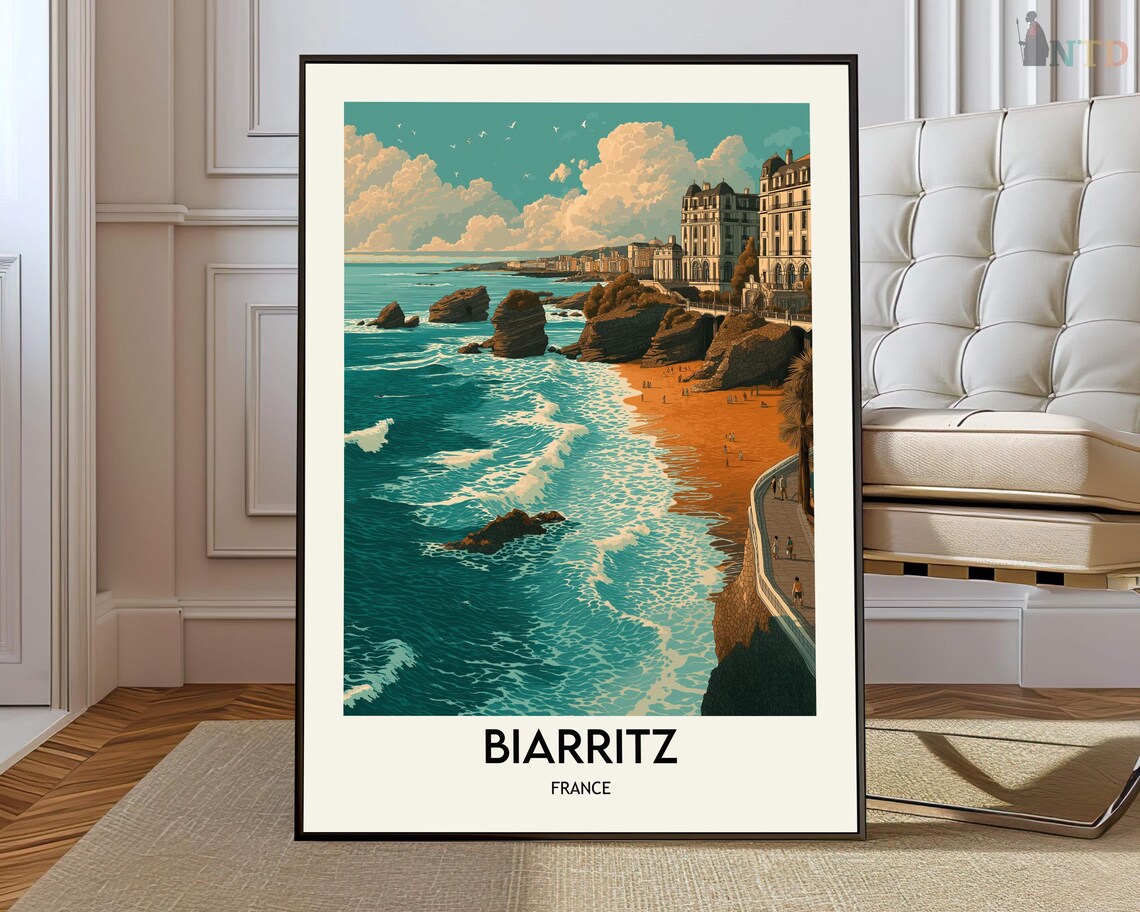 Biarritz Dramatic Rocky Coast Cliffs and Surf France Travel Poster