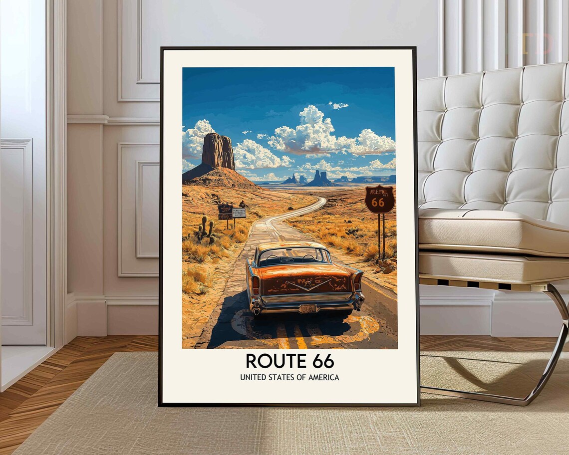 Route 66 United States Classic Car Desert Road Vintage Travel Poster